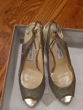 Jimmy Choo Metallic Gold Glitter Slingback Peep-Toe Heels